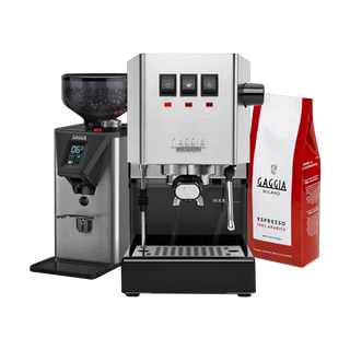 Das Gaggia GenussTrio - Gaggia Classic E24 (Edelstahl), Gaggia MDF55 Kaffeemühle, 1 KG Gaggia Kaffee